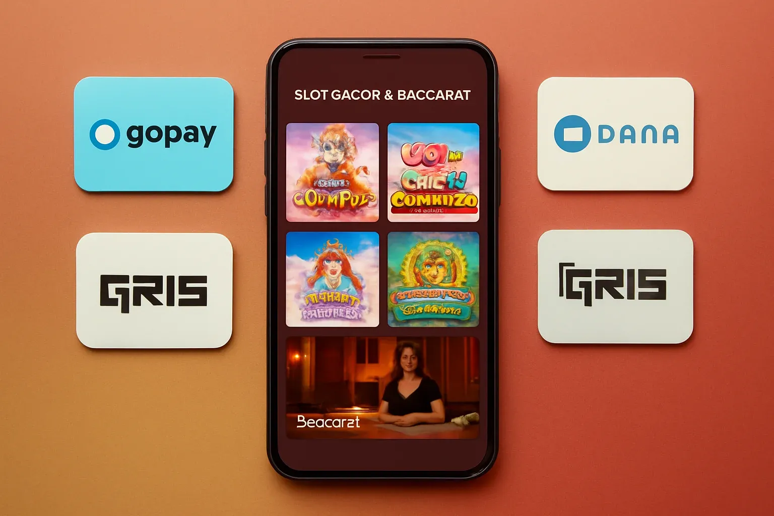 Tampilan aplikasi kasino Indonesia di Android dengan slot gacor dan Baccarat