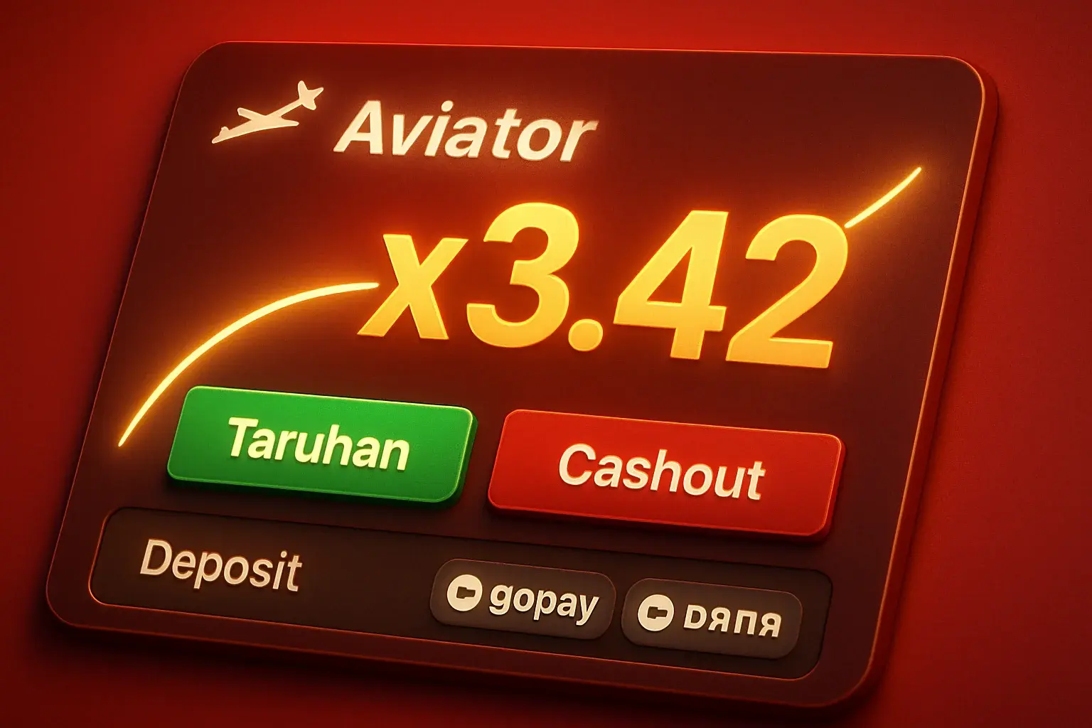 UI game Aviator latar merah, kurva multiplier putih, x3.42 emas, tombol Taruhan dan Cashout