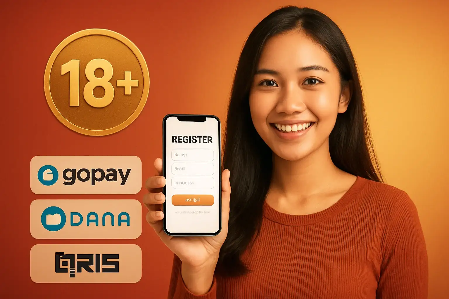 Wanita Indonesia tersenyum memegang smartphone formulir daftar kasino, lencana 18+, GoPay DANA QRIS