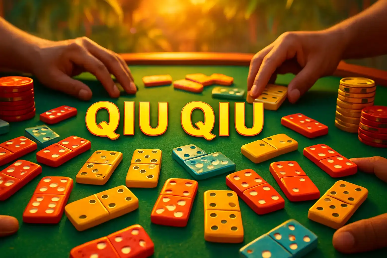 Banner game Domino Qiu Qiu Indonesia dengan kartu domino dan chip warna-warni