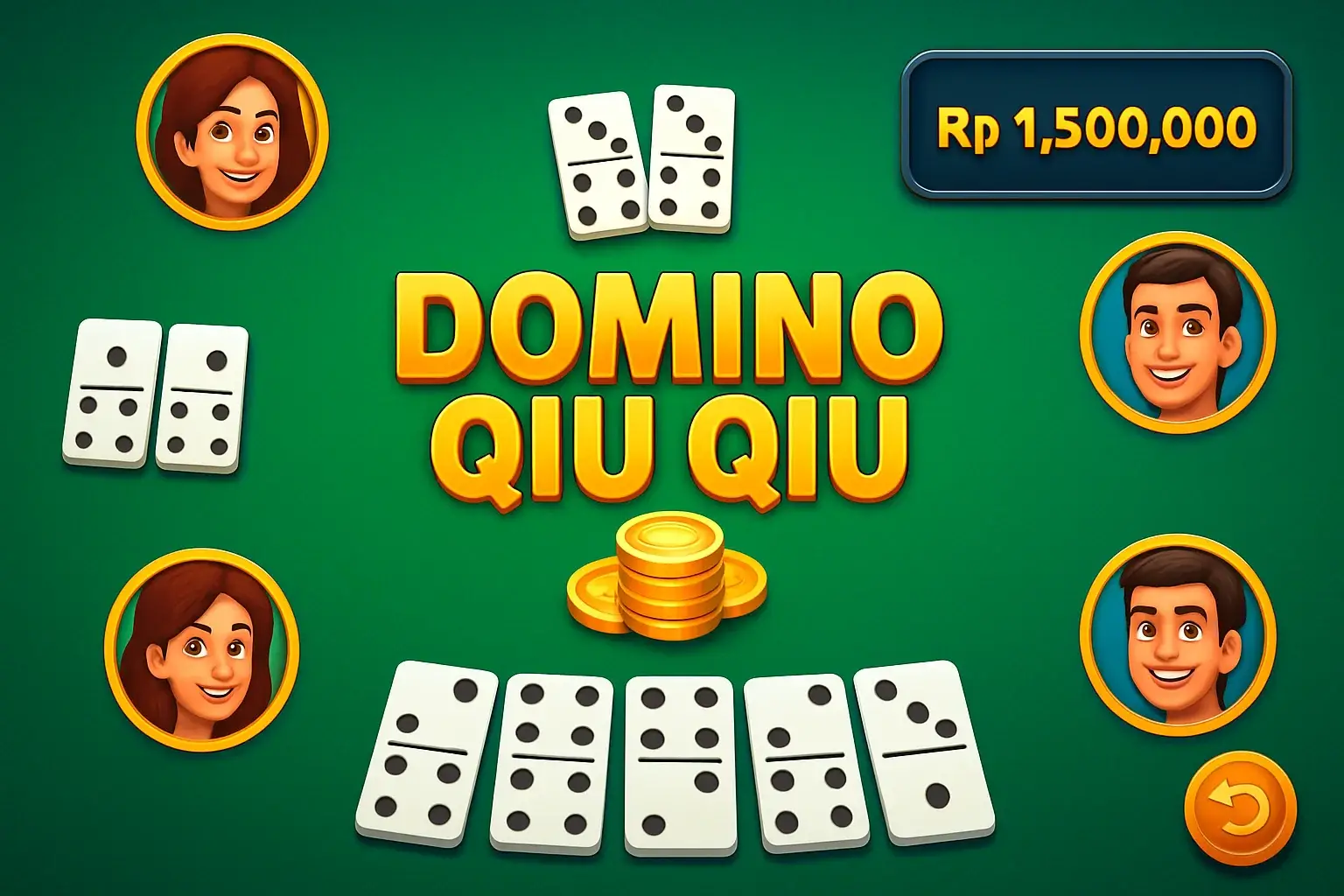 Screenshot gameplay Domino Qiu Qiu dengan kartu domino, chip emas, dan skor Rp