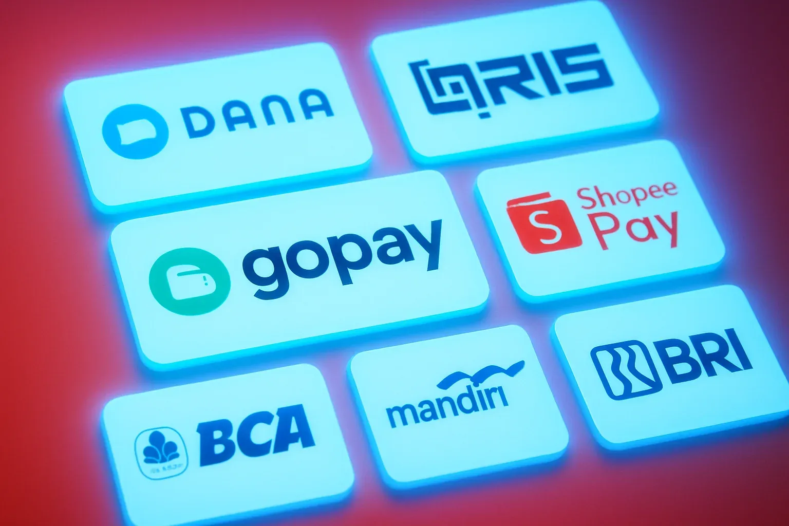Kumpulan logo GoPay DANA QRIS OVO ShopeePay dan bank Indonesia di kartu putih