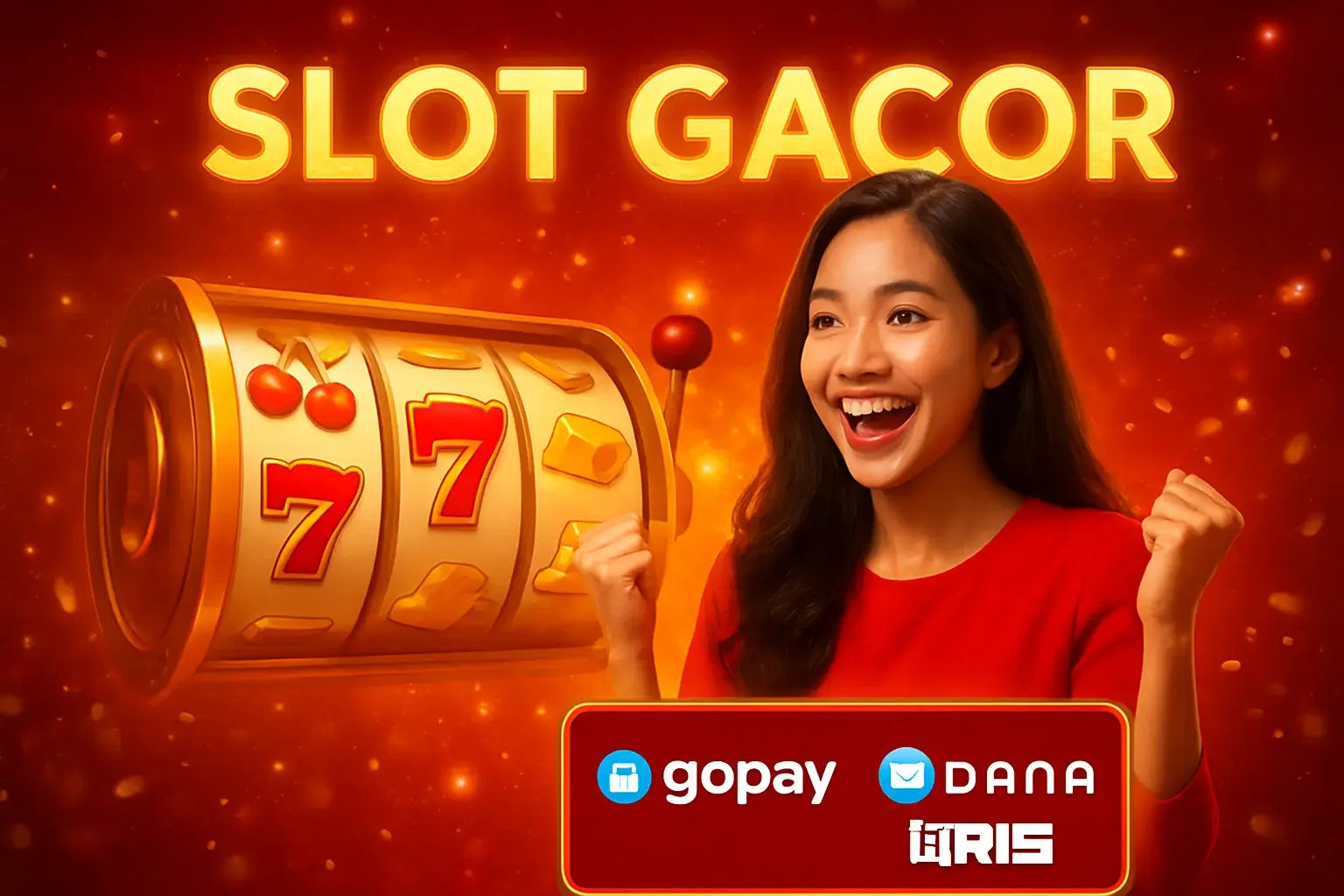 Banner hero kasino online Indonesia merah emas dengan Slot Gacor dan GoPay DANA QRIS