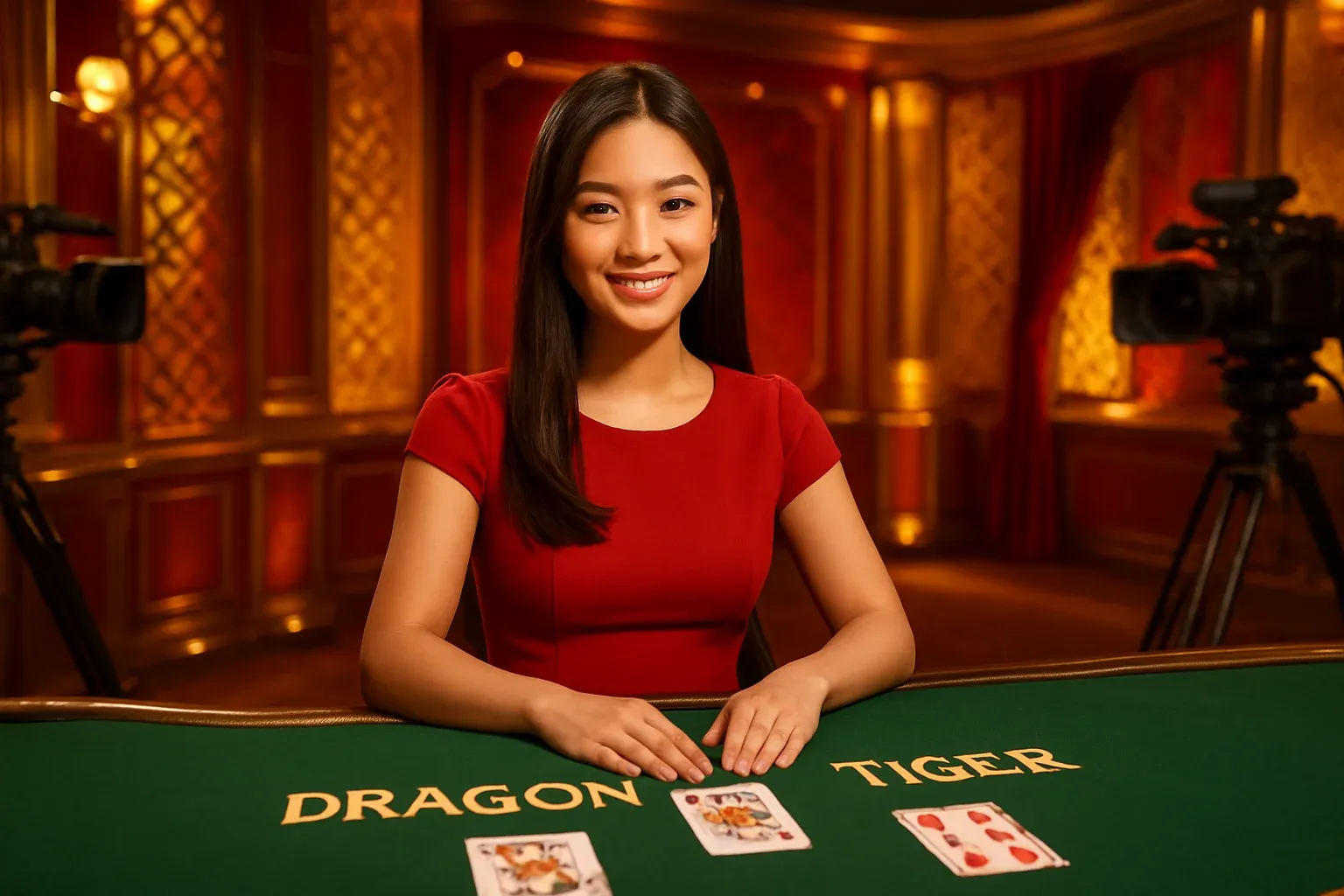 Dealer wanita Asia tersenyum di meja Baccarat, kartu Dragon Tiger terlihat