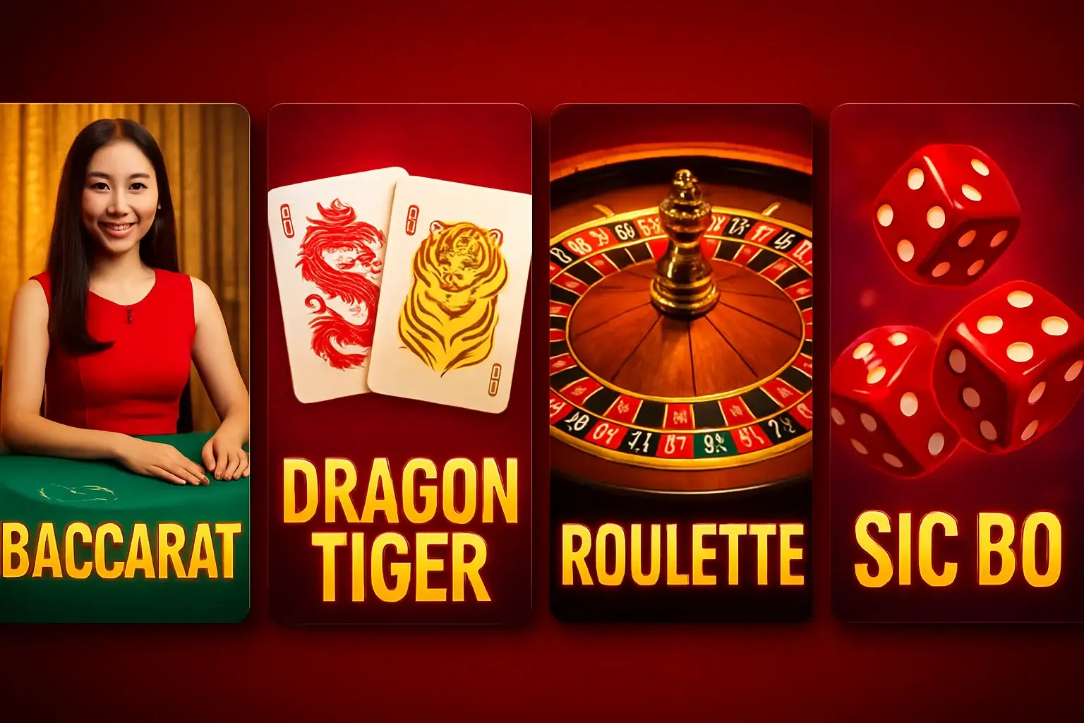 Empat kartu game live casino dengan baccarat, dragon tiger, roulette, sic bo