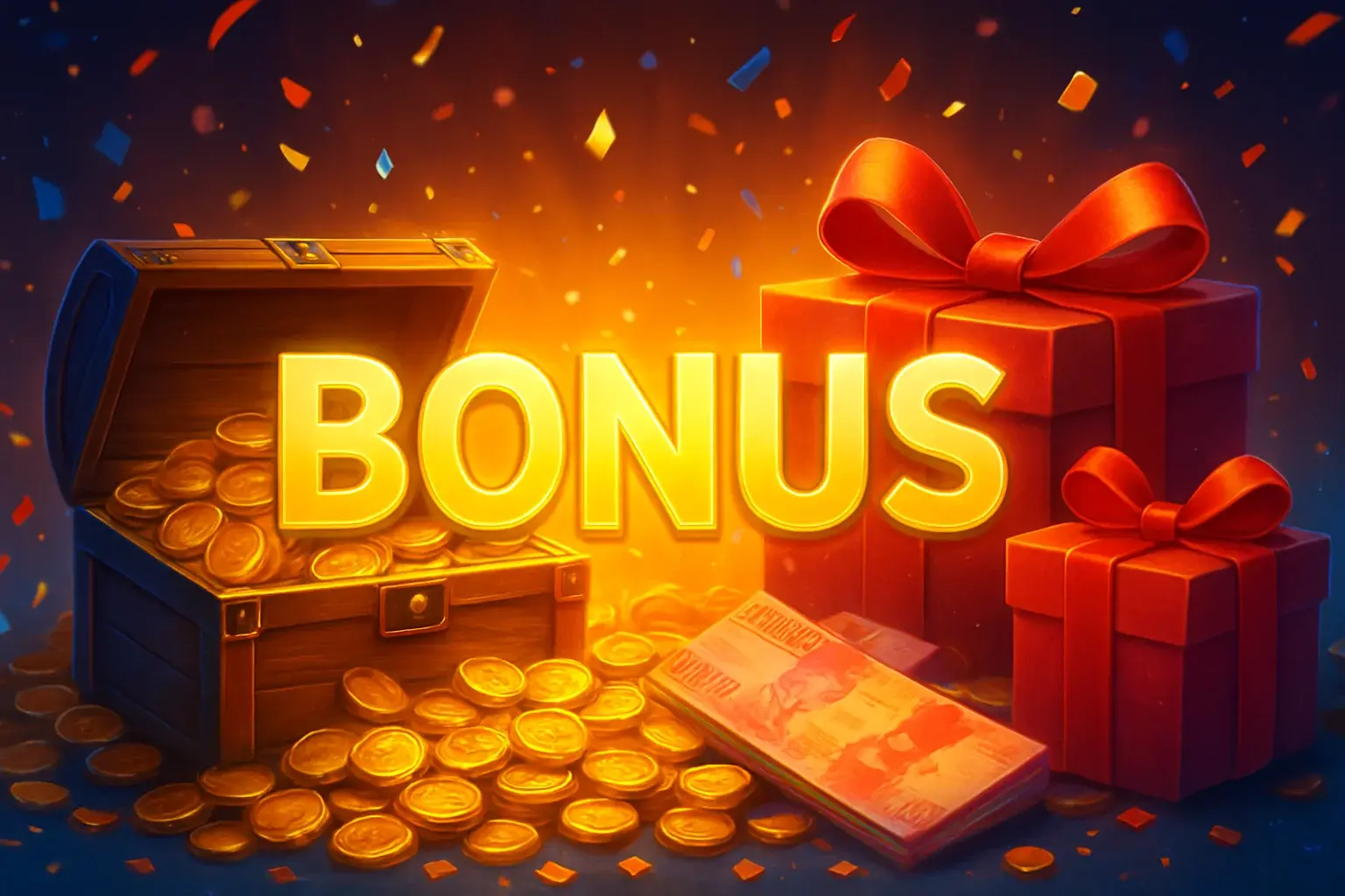 Banner promosi bonus kasino Indonesia dengan peti harta, koin emas, dan rupiah