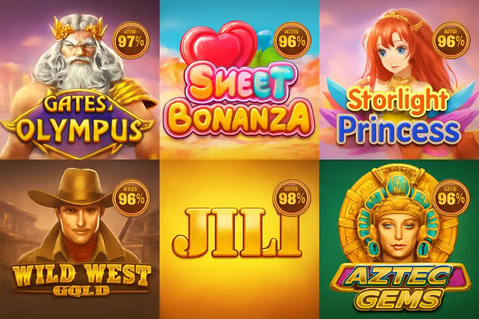 Grid enam cover game slot gacor populer dengan badge RTP