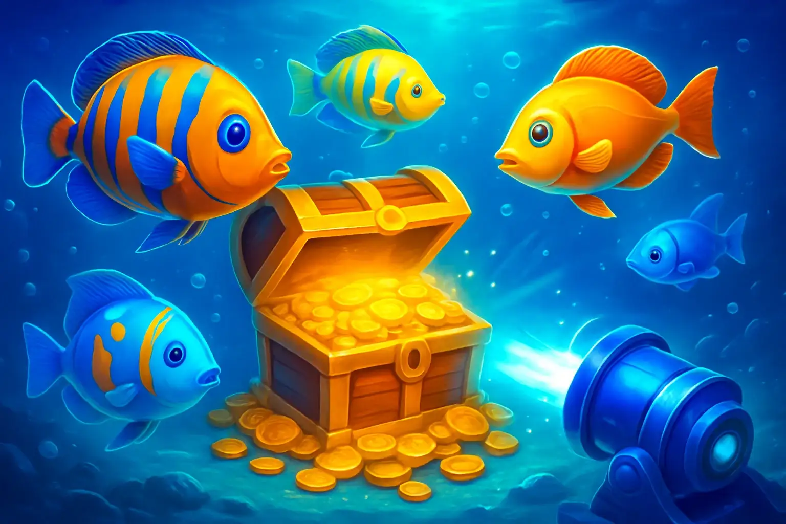 Adegan game tembak ikan di laut turkuois dengan peti harta karun emas